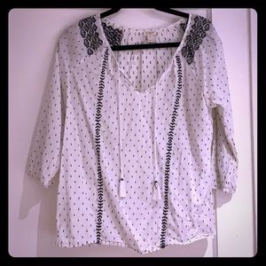 White Linen Black Embroidered J. Crew Blouse